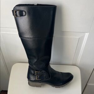 Clark’s Black Pebbled Leather Knee High Boots w/ Buckle Accents
